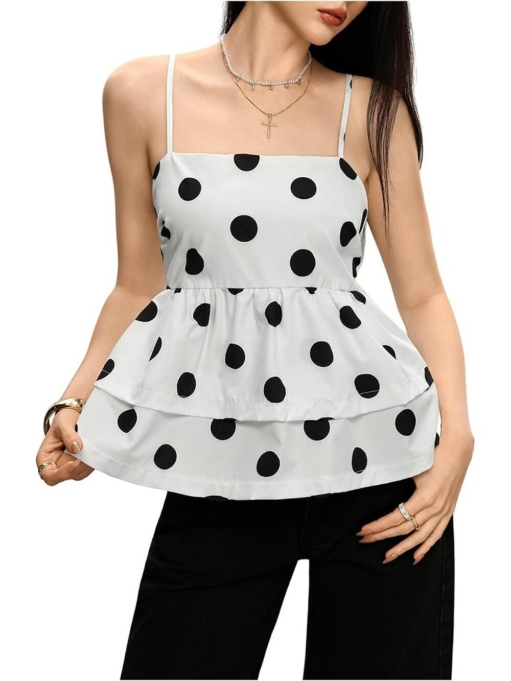 Polka Dot Ruffle Layered Sleeveless Tank Top for Women - Chic Summer Style